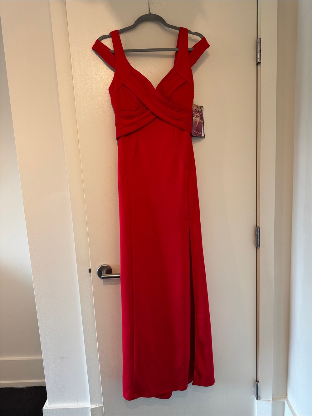 Emerald Sundae Red Off-Shoulder Satin Gown